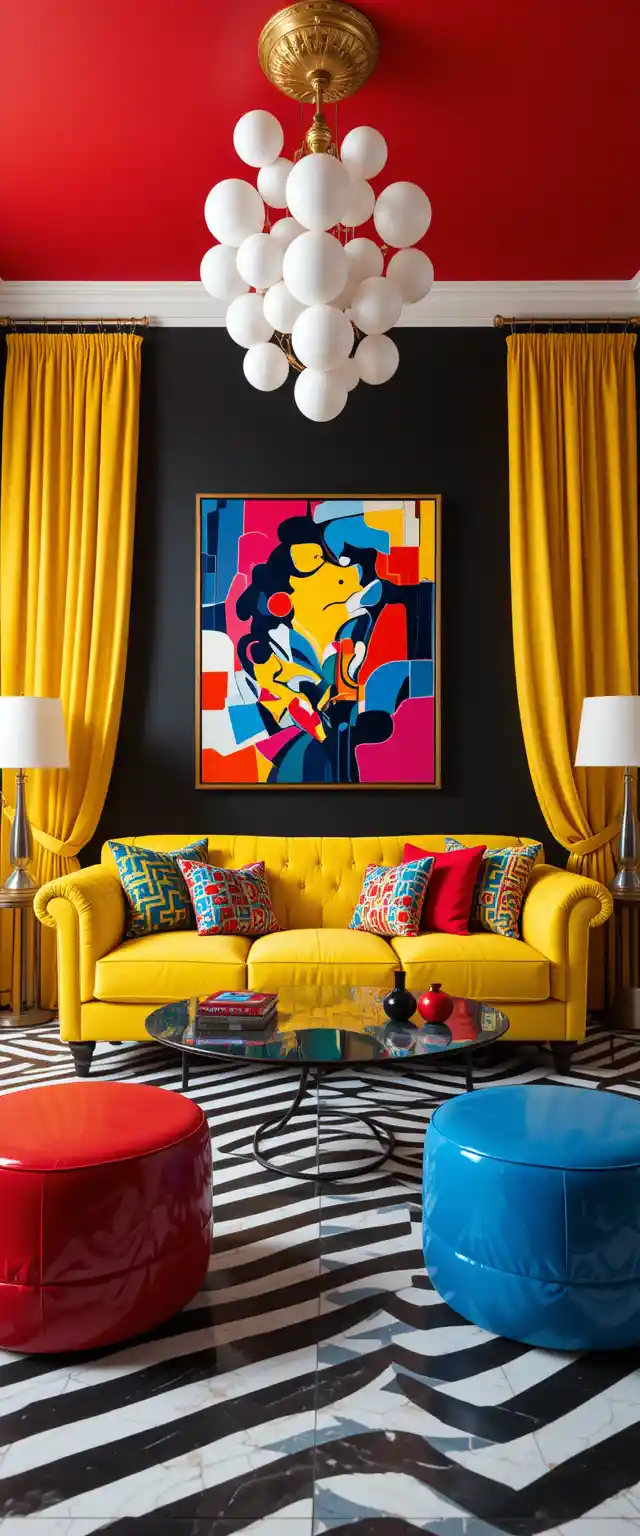 Colorful pop art living room with bold yellow sofa