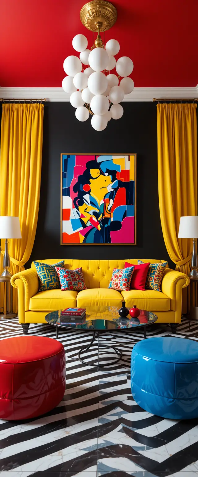 Colorful pop art living room with bold yellow sofa