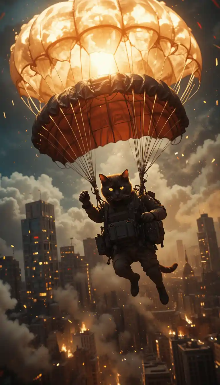 Paratrooper cat descending over burning night city skyline