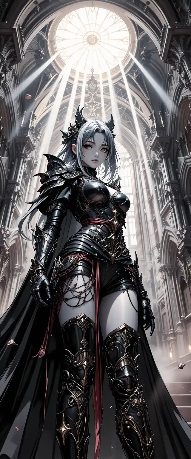 Anime warrior woman in gothic church from low angle