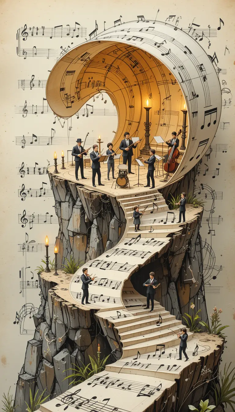 Miniature orchestra on curling musical notation sheet