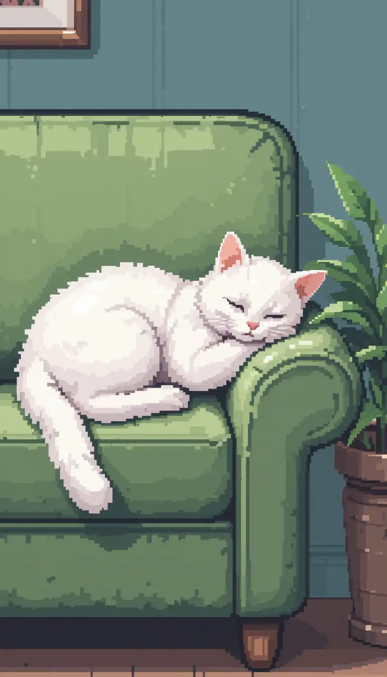 White cat sleeping on green sofa in pixel art style