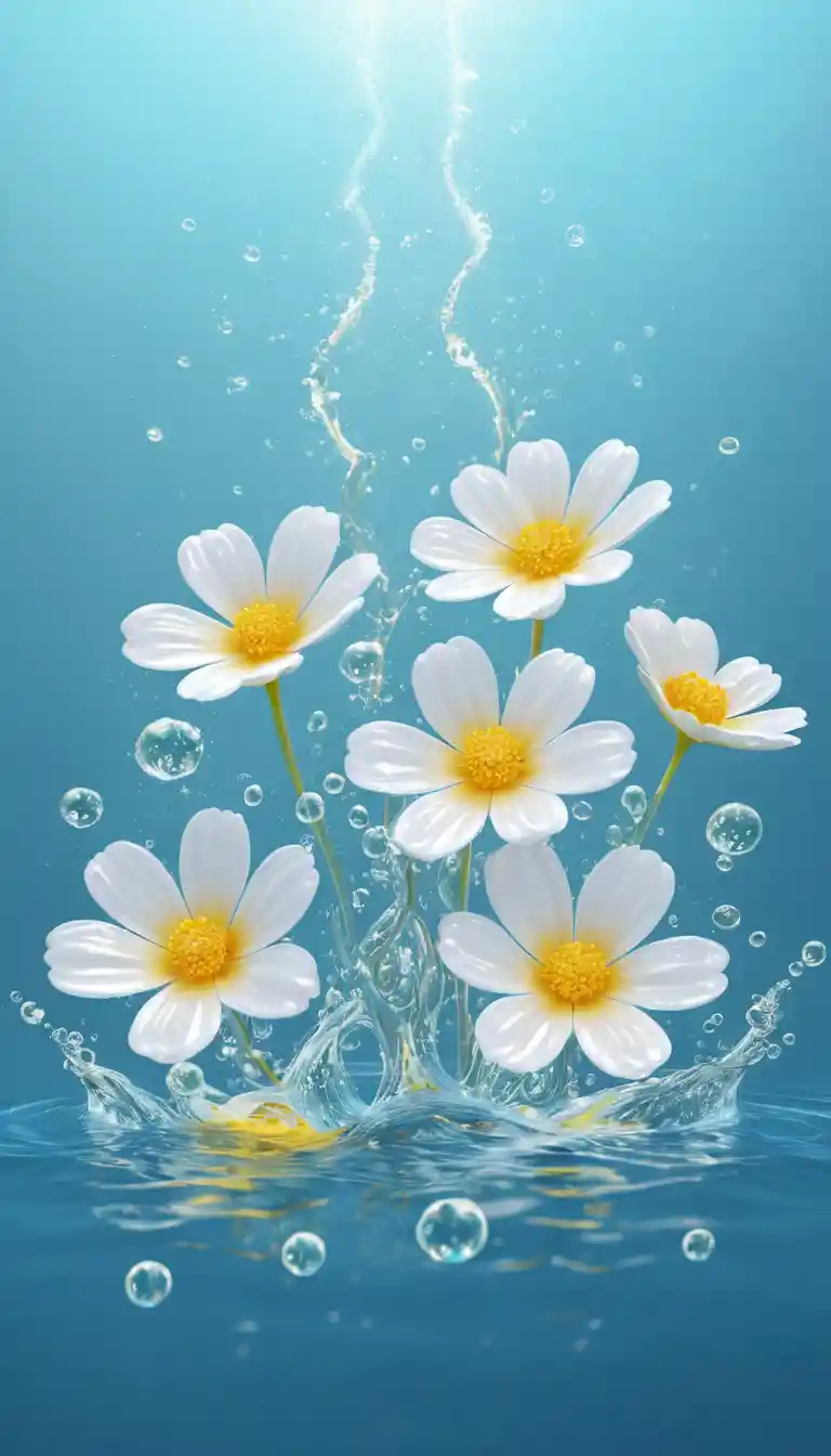 Delicate flower petals floating in bright blue clear water
