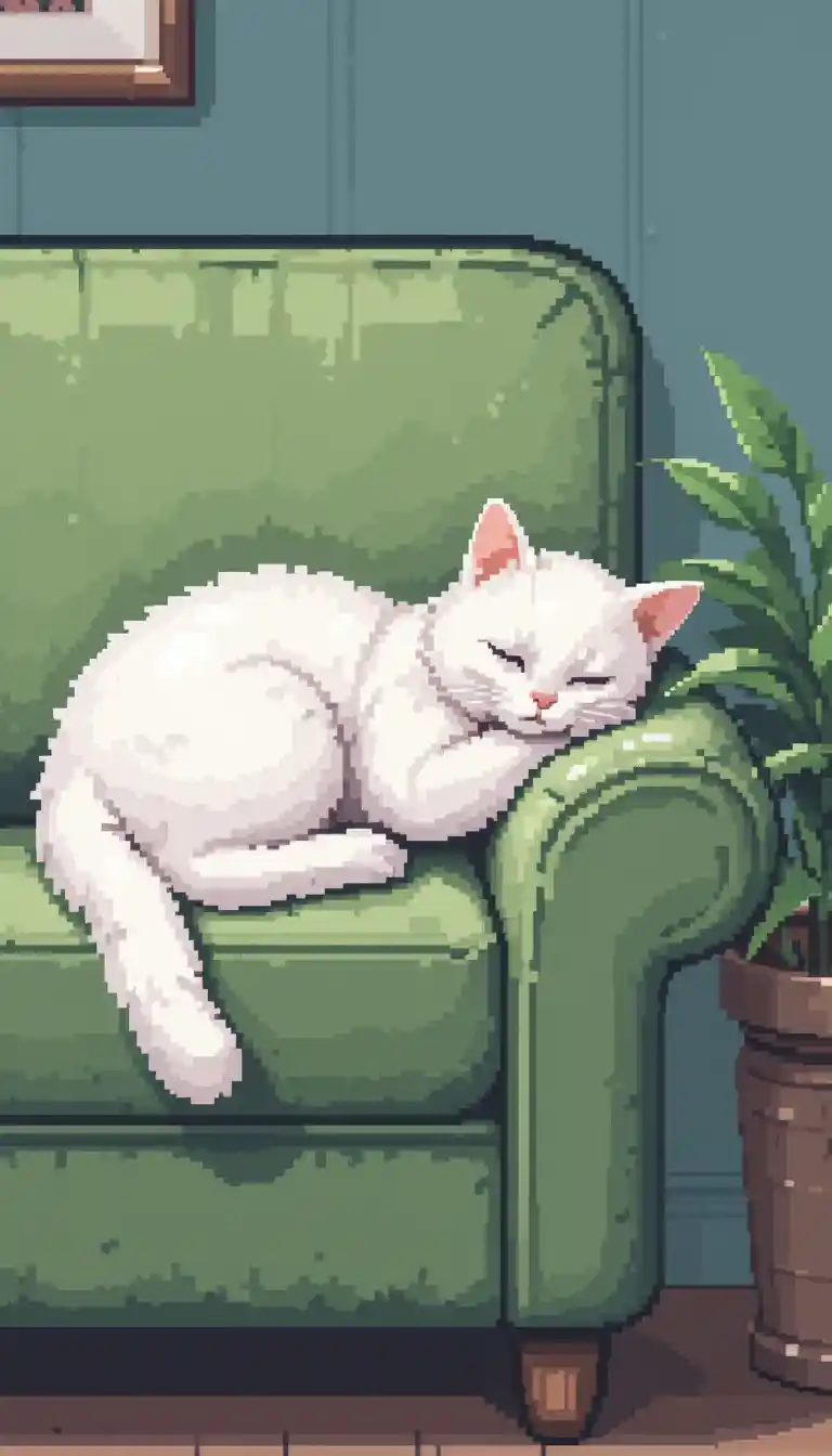 White cat sleeping on green sofa in pixel art style