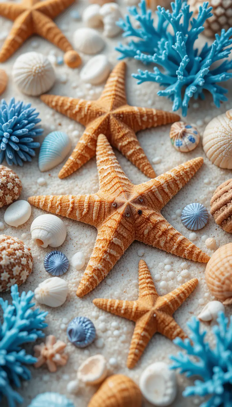 Close up of starfish shells and corals on white sand