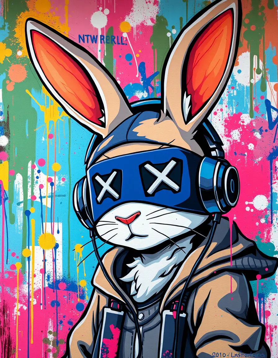 Graffiti anime rabbit with headphones and neon paint splashes