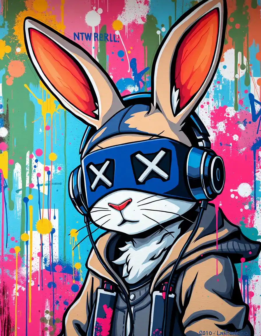 Graffiti anime rabbit with headphones and neon paint splashes