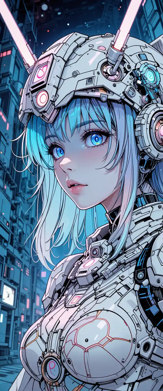 Anime girl in sci fi mecha factory with divine light