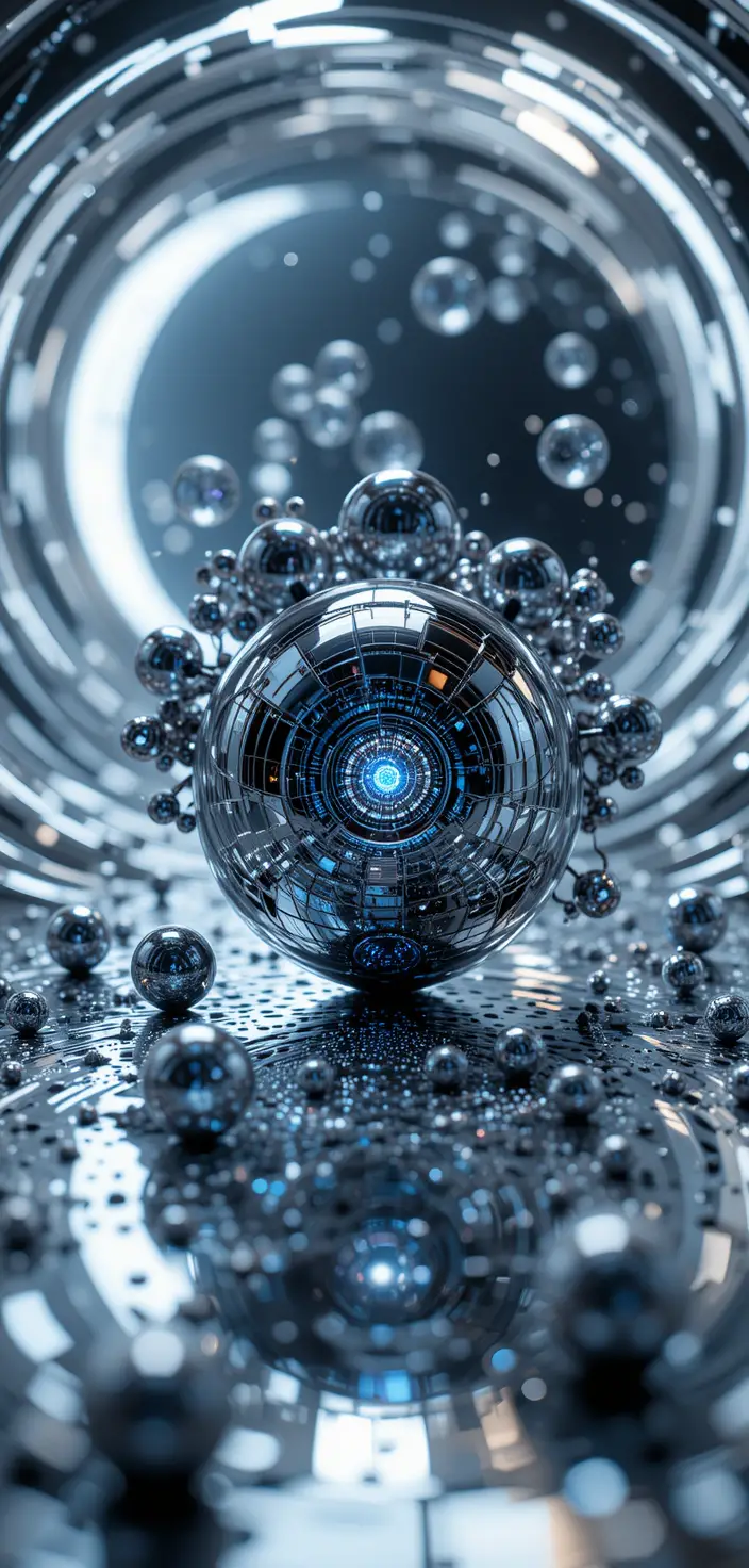 Chrome Spheres In Swirling Liquid Metal Macro Scene