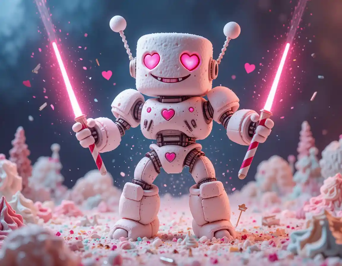 Cute Marshmallow Mecha Robot In Candy Battle Scene