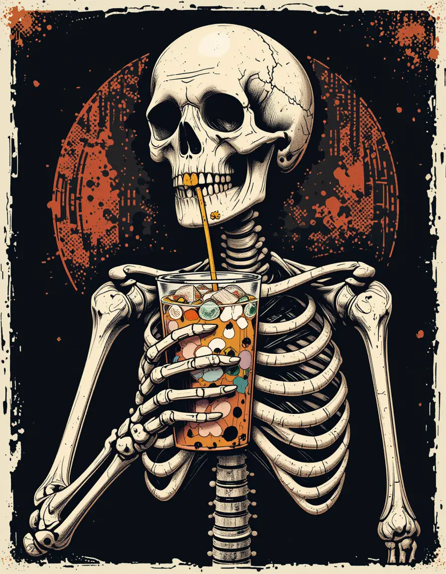 Skeleton Drinking Iced Milk Tea Vintage Grunge Illustration