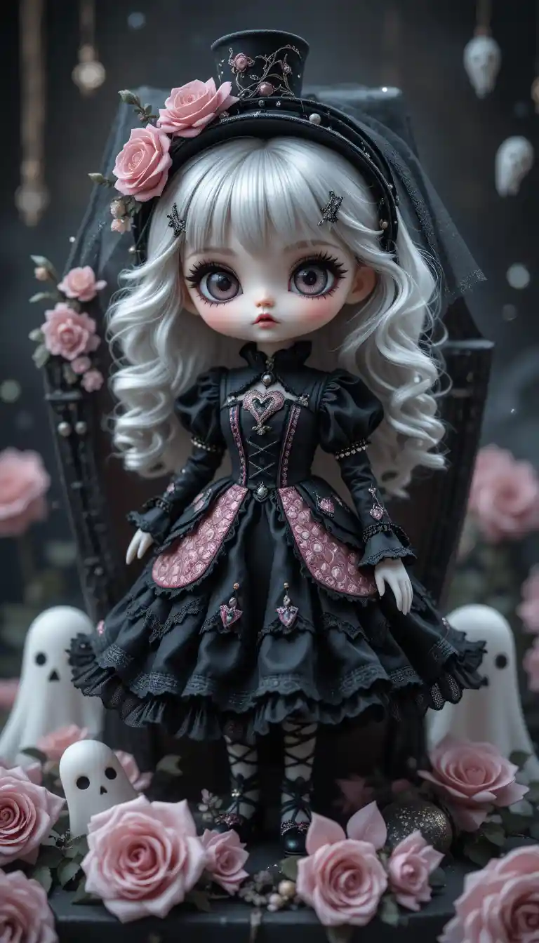 Gothic doll girl with heart eyepatch and roses
