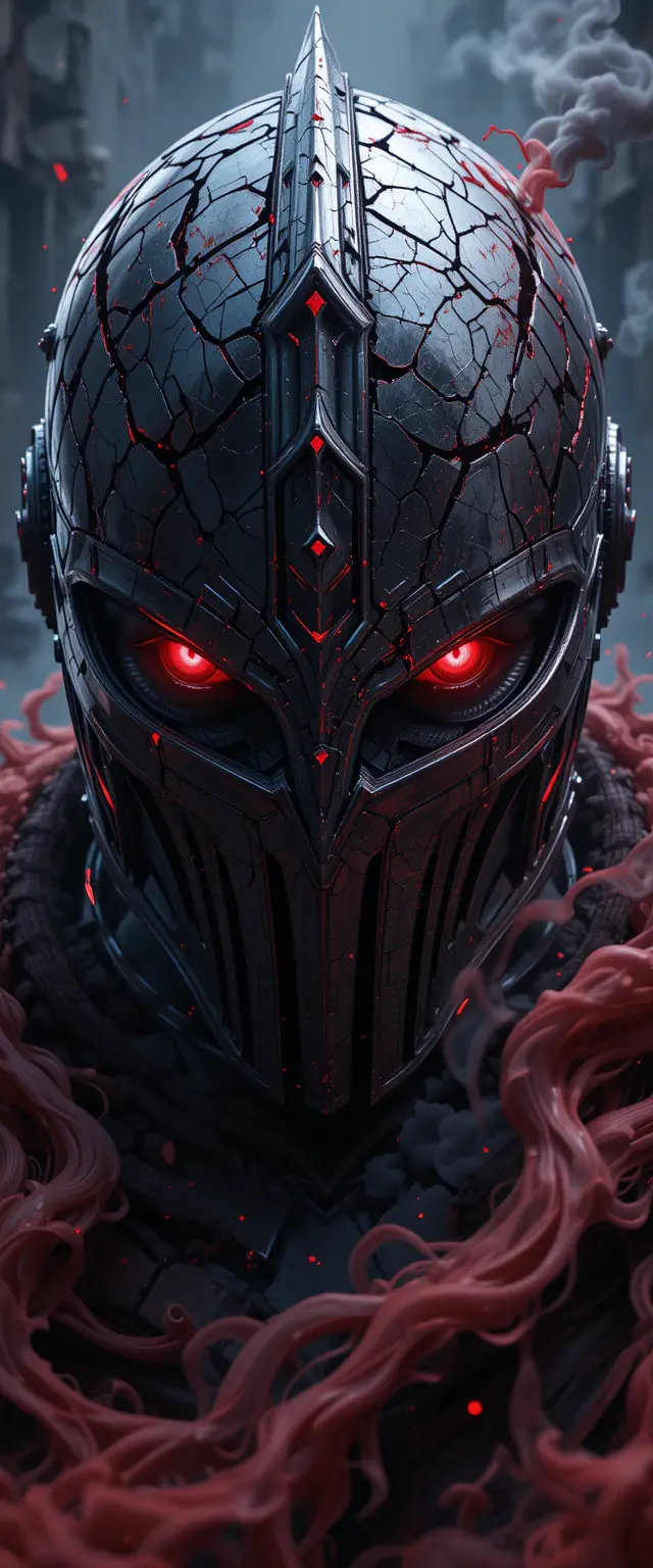 Close up anime illustration of a cracked vampire helmet