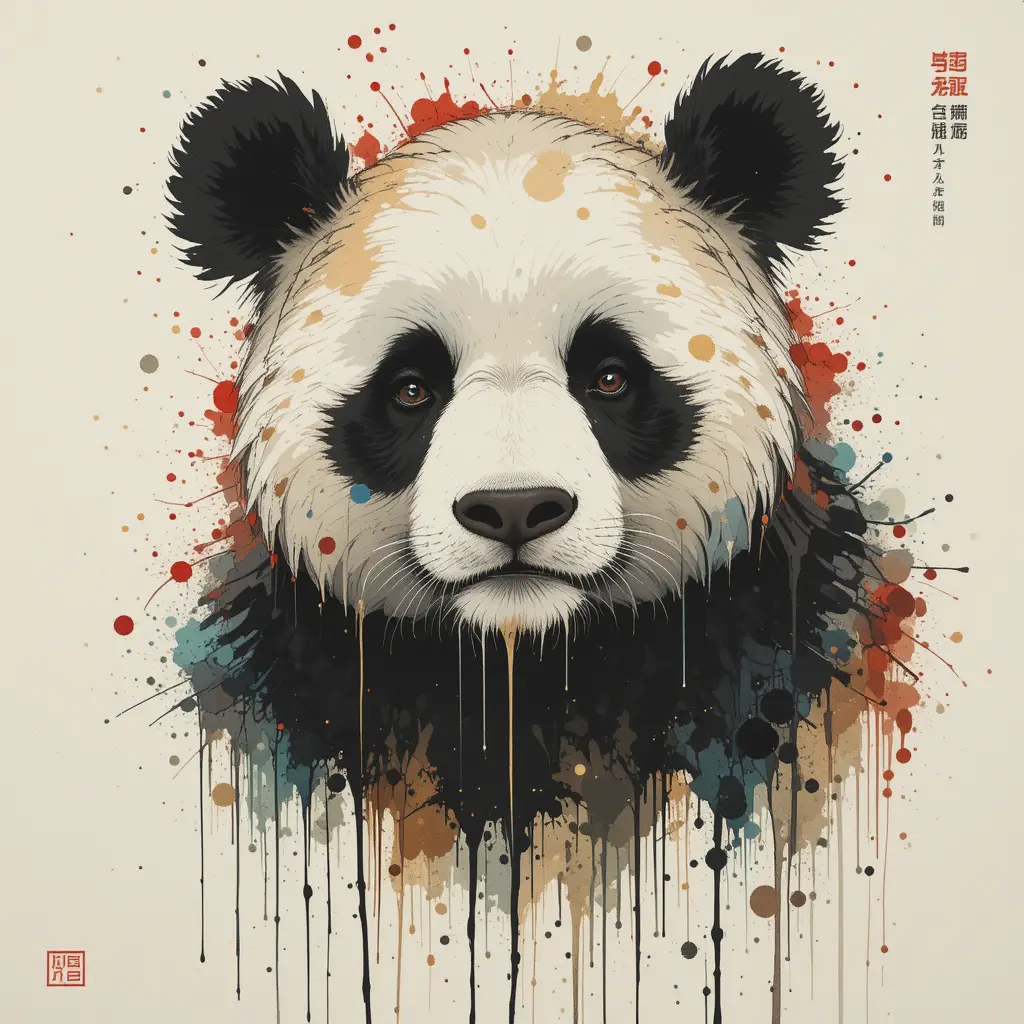 Watercolor panda in traditional Japanese ink wash style