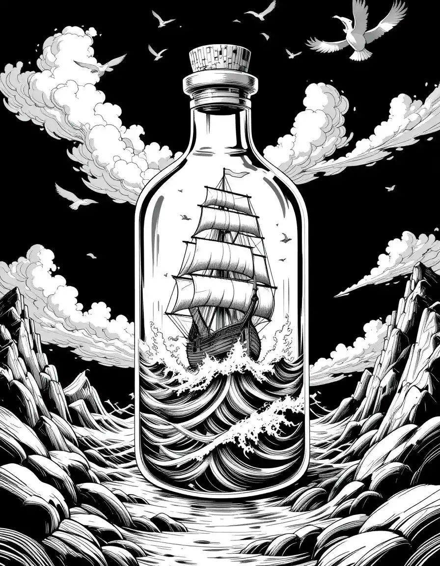 Vintage sailing ship in stormy sea within glass bottle