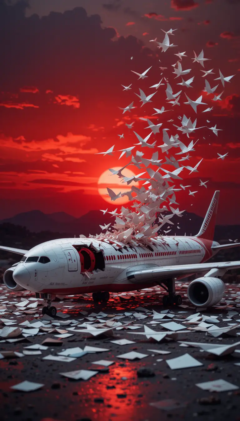 Shattered airplane model with paper planes at red sunset