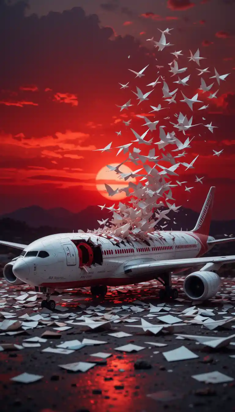 Shattered airplane model with paper planes at red sunset