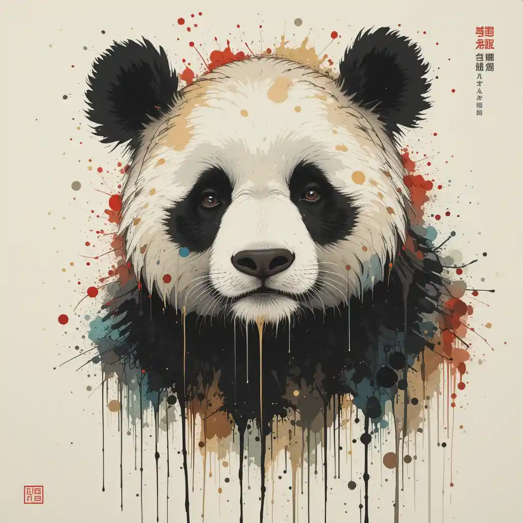 Watercolor panda in traditional Japanese ink wash style