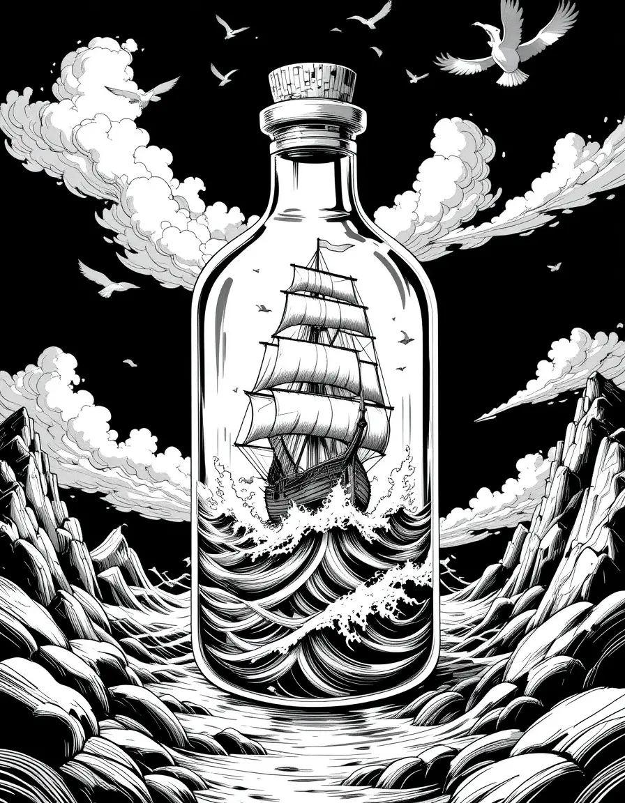 Vintage sailing ship in stormy sea within glass bottle