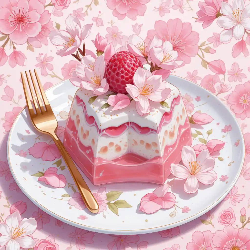 Delicate cherry blossom jello dessert on white plate