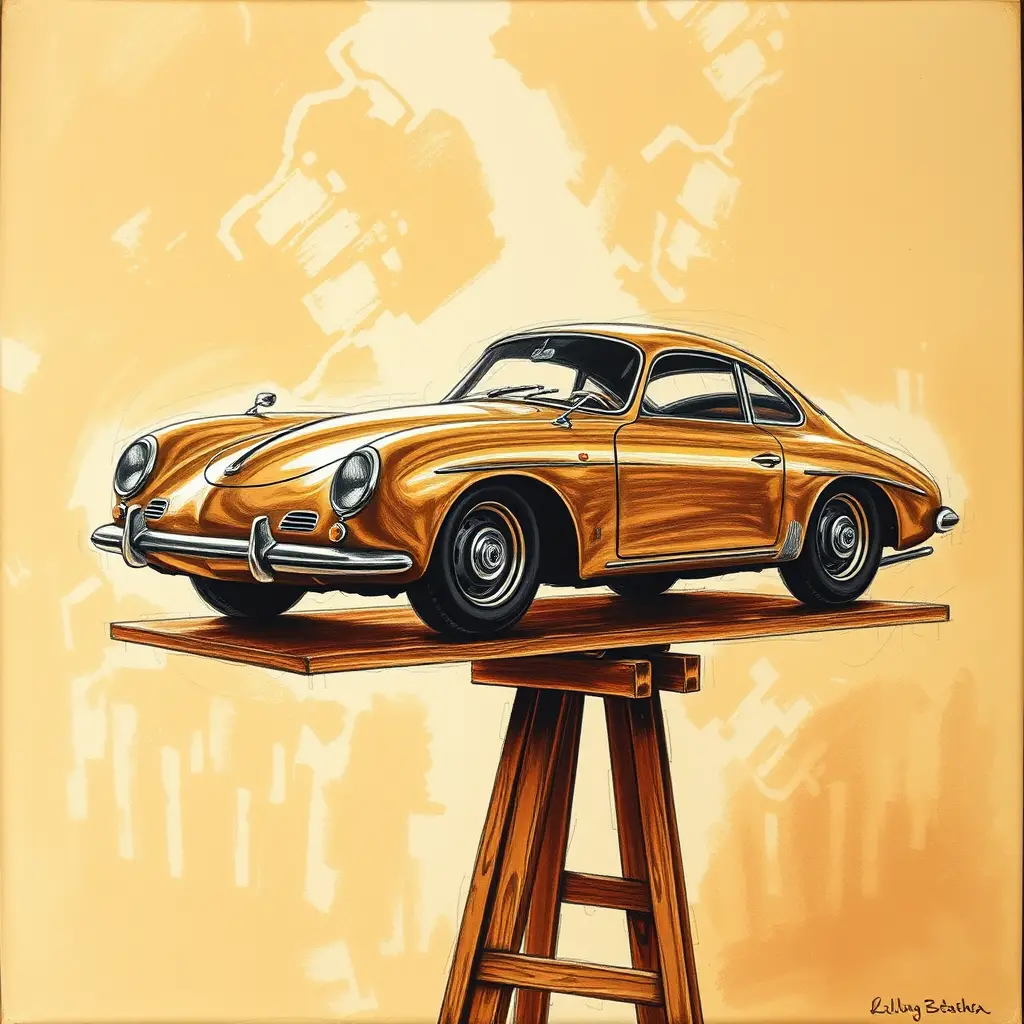 Vintage car drawing on easel in warm studio light