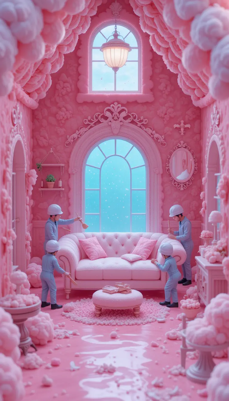 Tiny workers furnishing a cozy cotton candy house interior