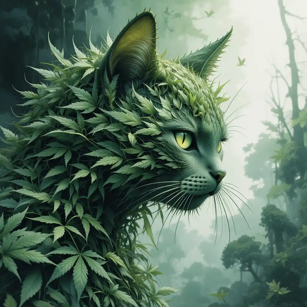 Watercolor fantasy cat made of green cannabis leaves