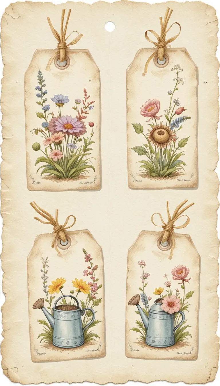 Whimsical watercolor garden tags with watering can and flowers