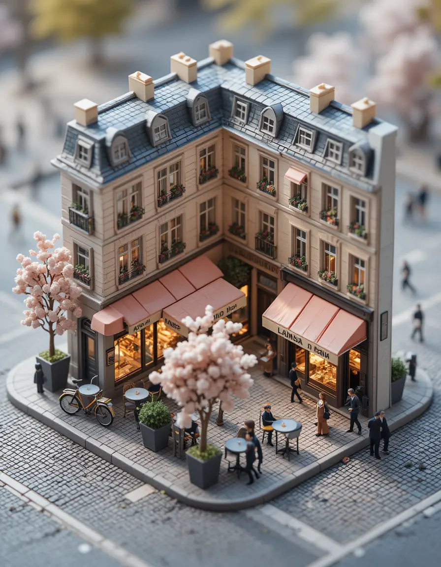Isometric 3d parisian street corner with cozy cafes