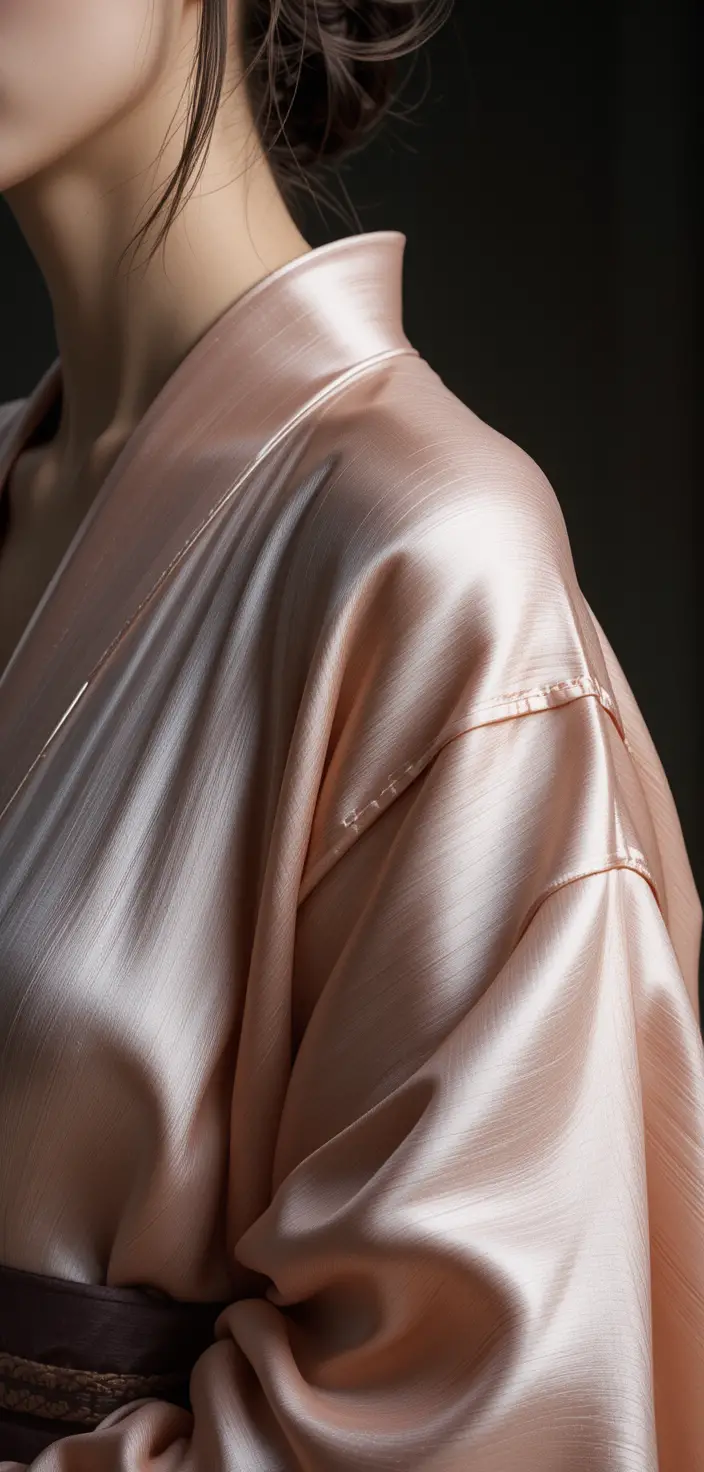 Silk kimono sleeve slipping to reveal a bare shoulder