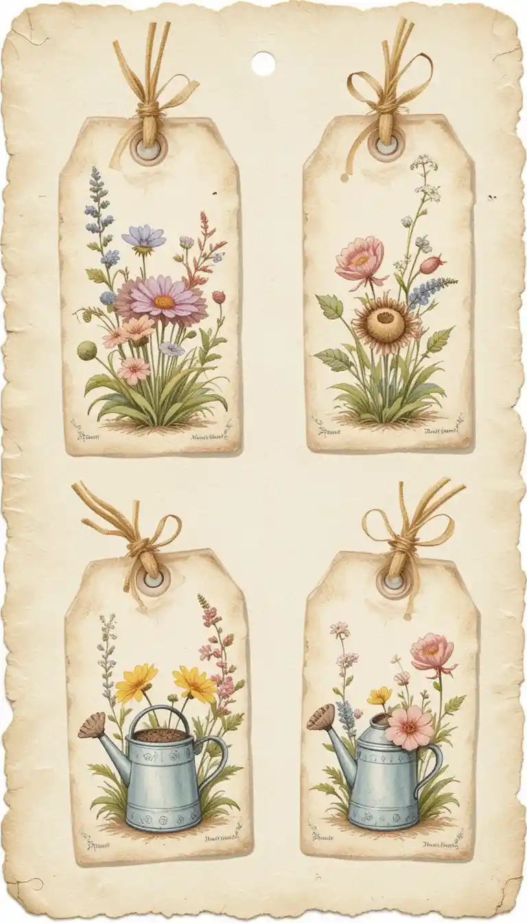 Whimsical watercolor garden tags with watering can and flowers