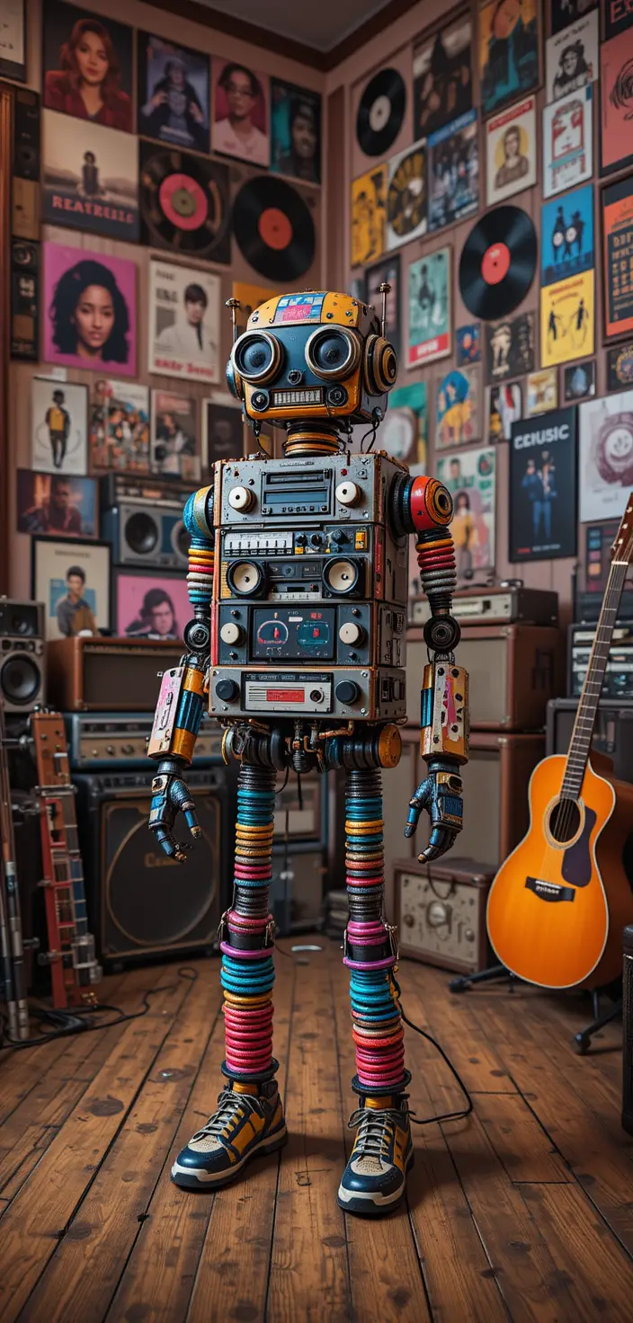 Colorful Music Robot Standing In Creative Studio Room