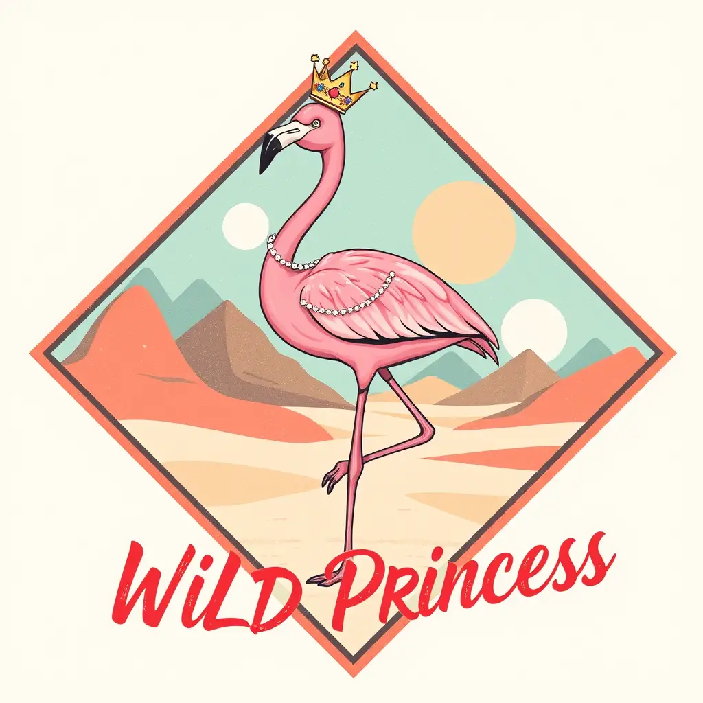 Pink flamingo princess in vintage geometric desert frame