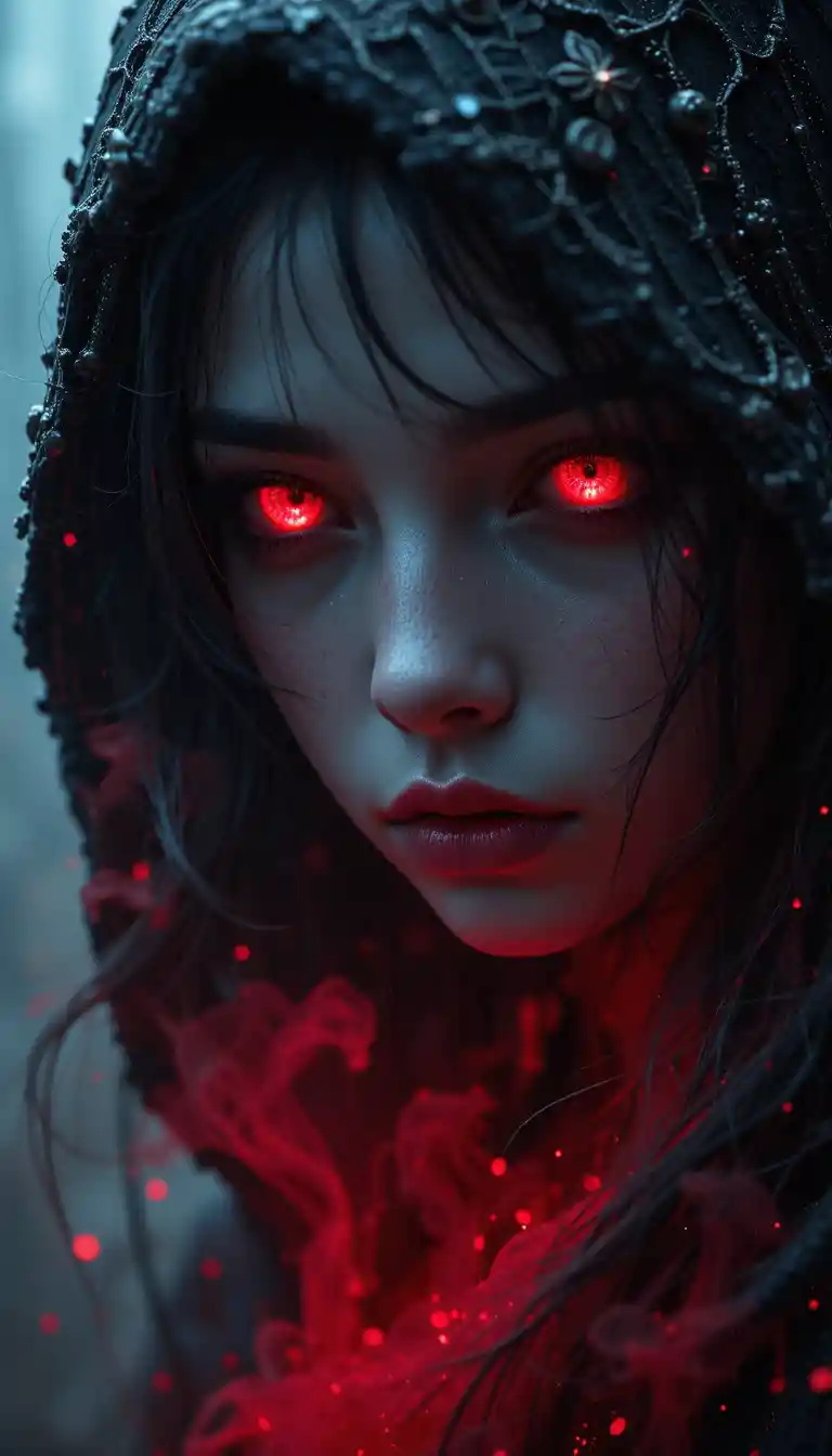Mystical girl with glowing red eyes in a hooded close up