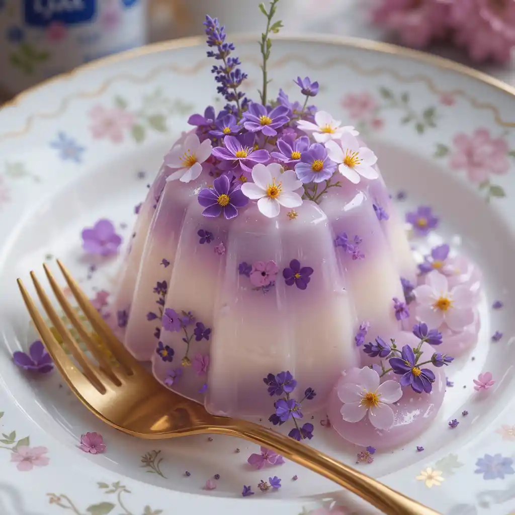 Lavender jello dessert with flowers on white plate