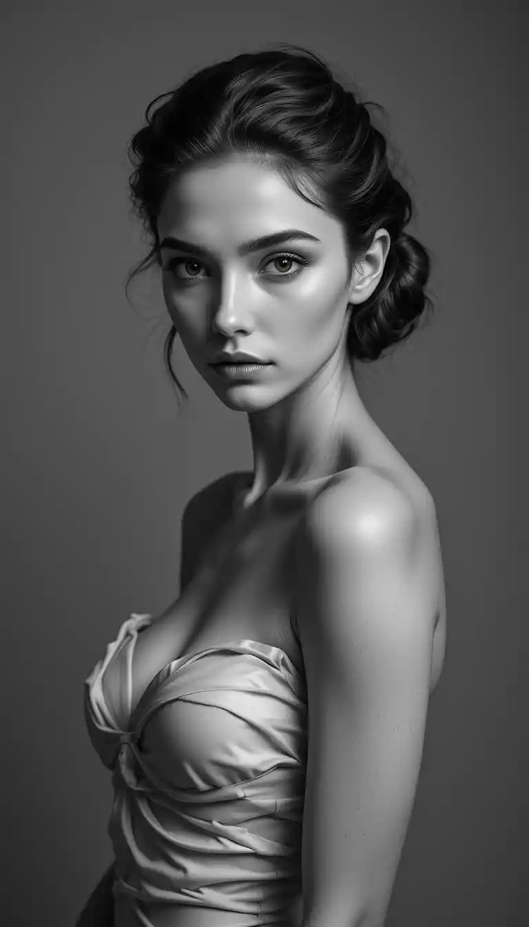 Retrato de estudio en blanco y negro de una modelo de moda segura de sí misma