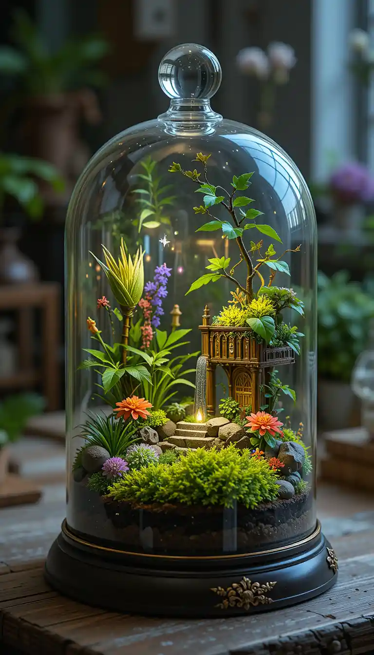 Luxury fairy garden terrarium under a glass dome with lights