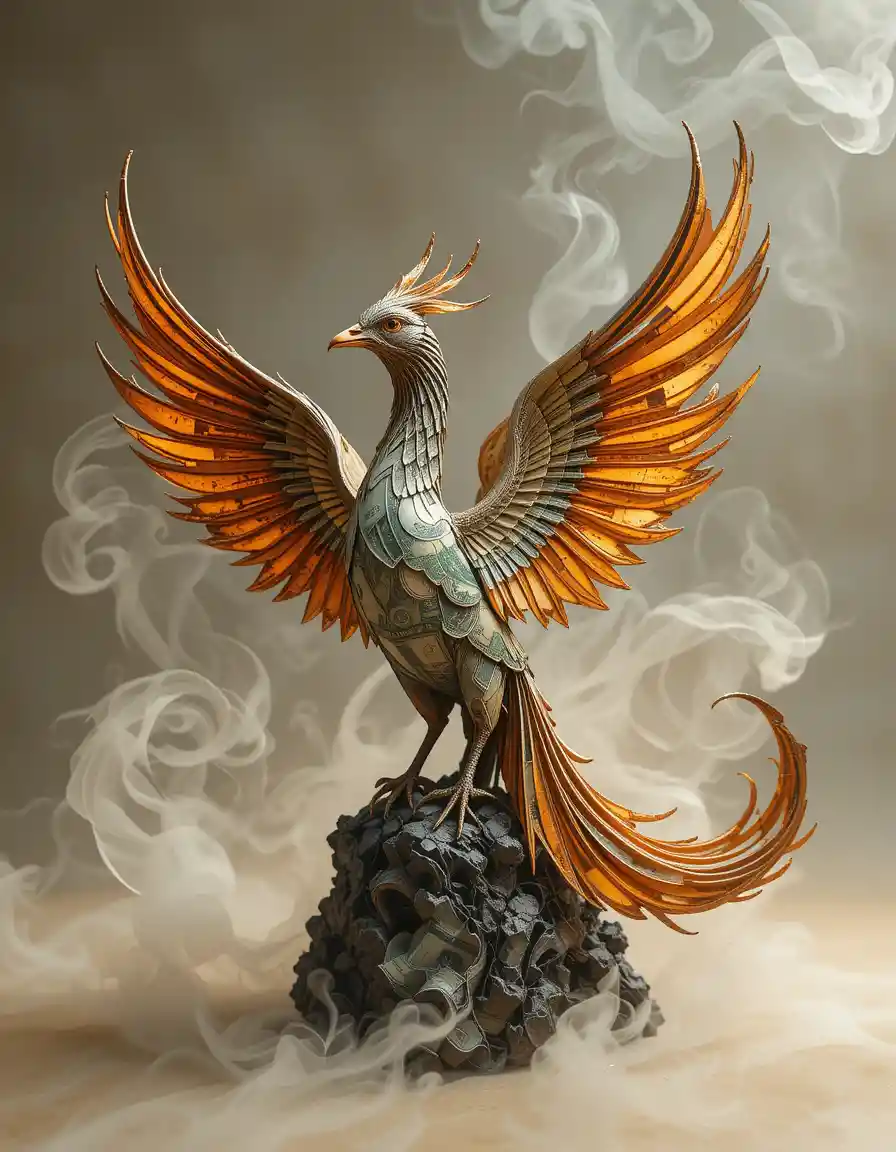 Origami phoenix rising from burnt dollar bills sculpture