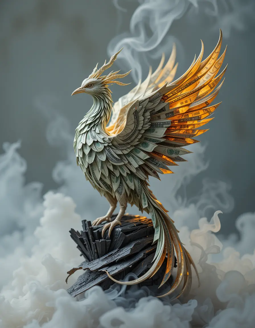 Origami phoenix rising from burnt dollar bills in smoke