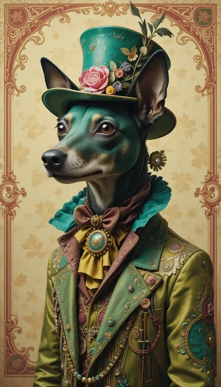 Surreal portrait of a dog in eccentric colorful attire