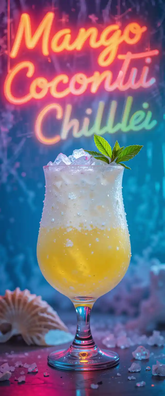 Layered mango coconut smoothie in a chilled coupe glass