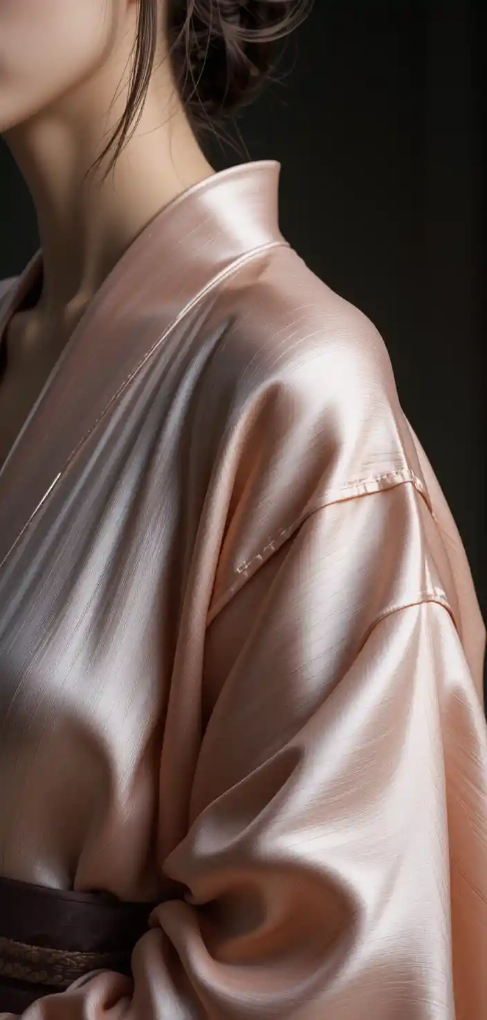 Silk kimono sleeve slipping to reveal a bare shoulder