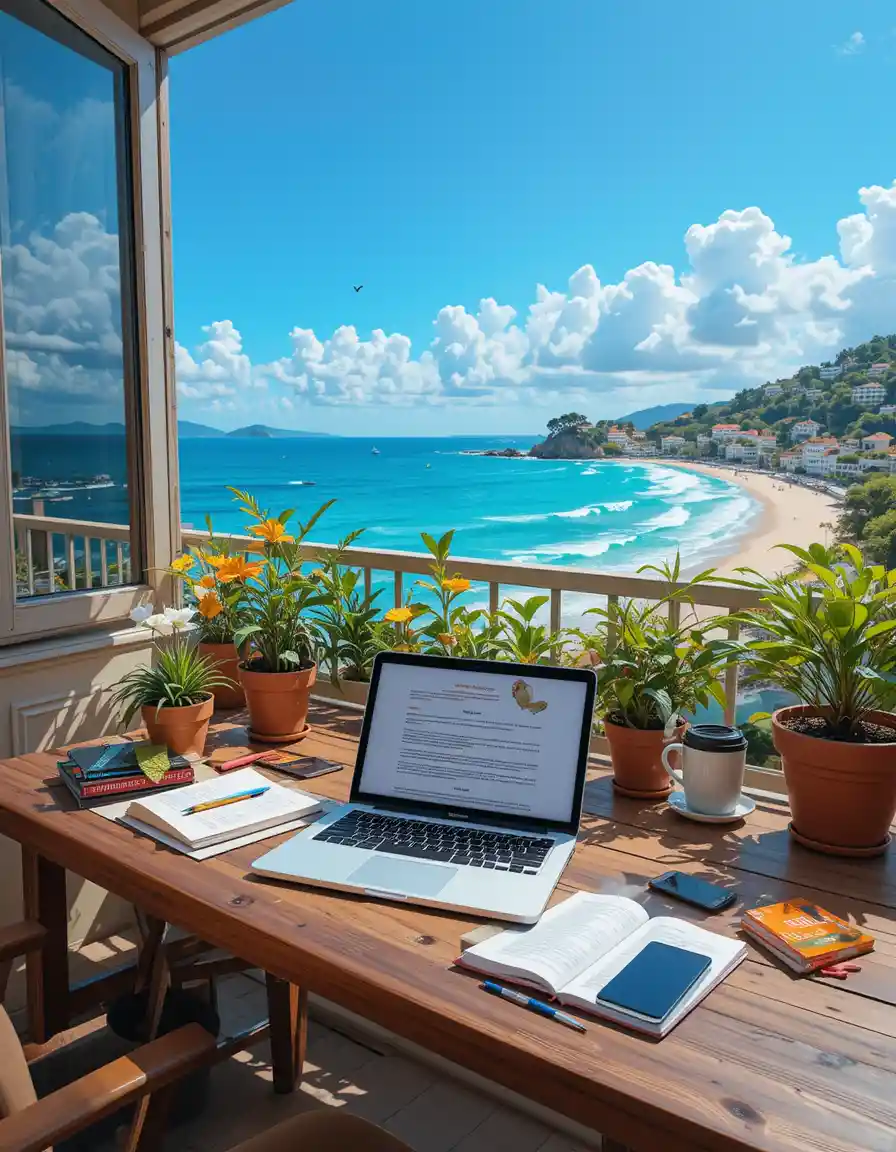 Espaço de trabalho na varanda com vista para o mar iluminado e cidade costeira