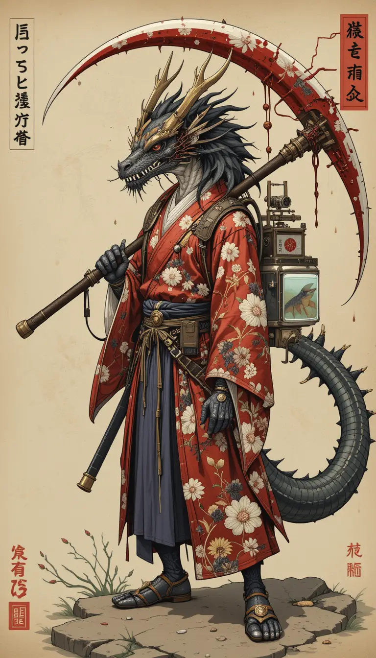 Anthropomorphic cybernetic dragon samurai in floral red yukata