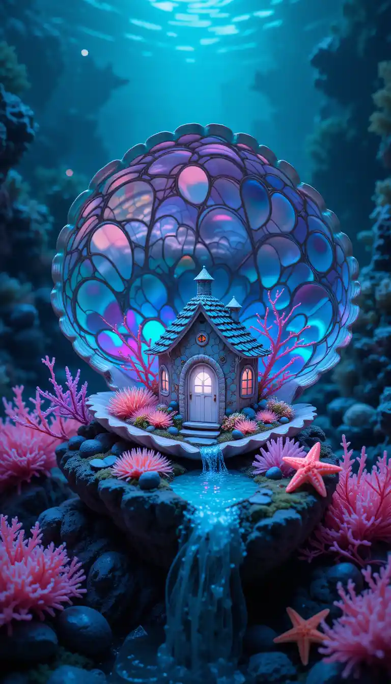 Shell cottage on glowing coral reef abalone landscape