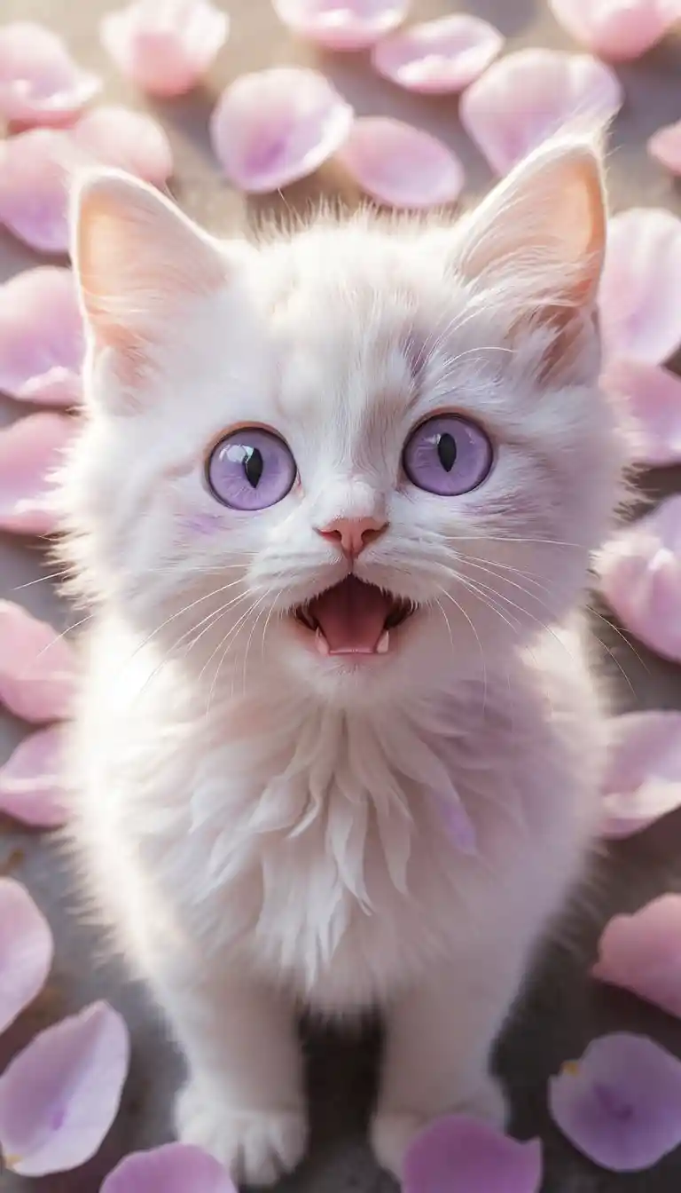 Cute fantasy baby cat among pastel flower petals