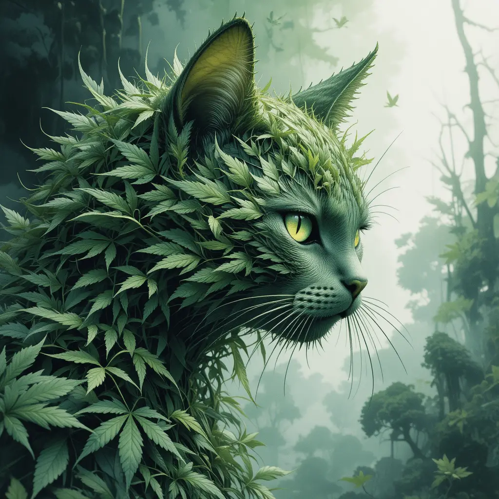 Watercolor fantasy cat made of green cannabis leaves