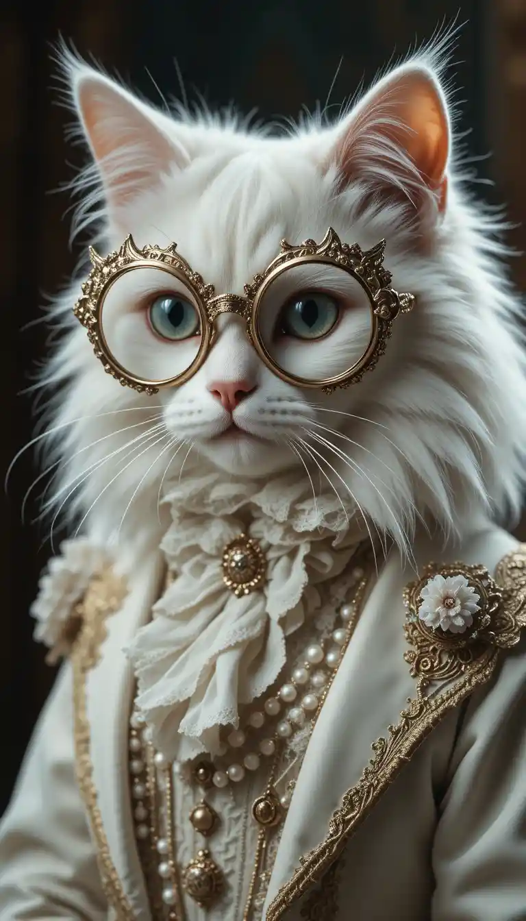 Aristocratic white cat in baroque glasses and pearls
