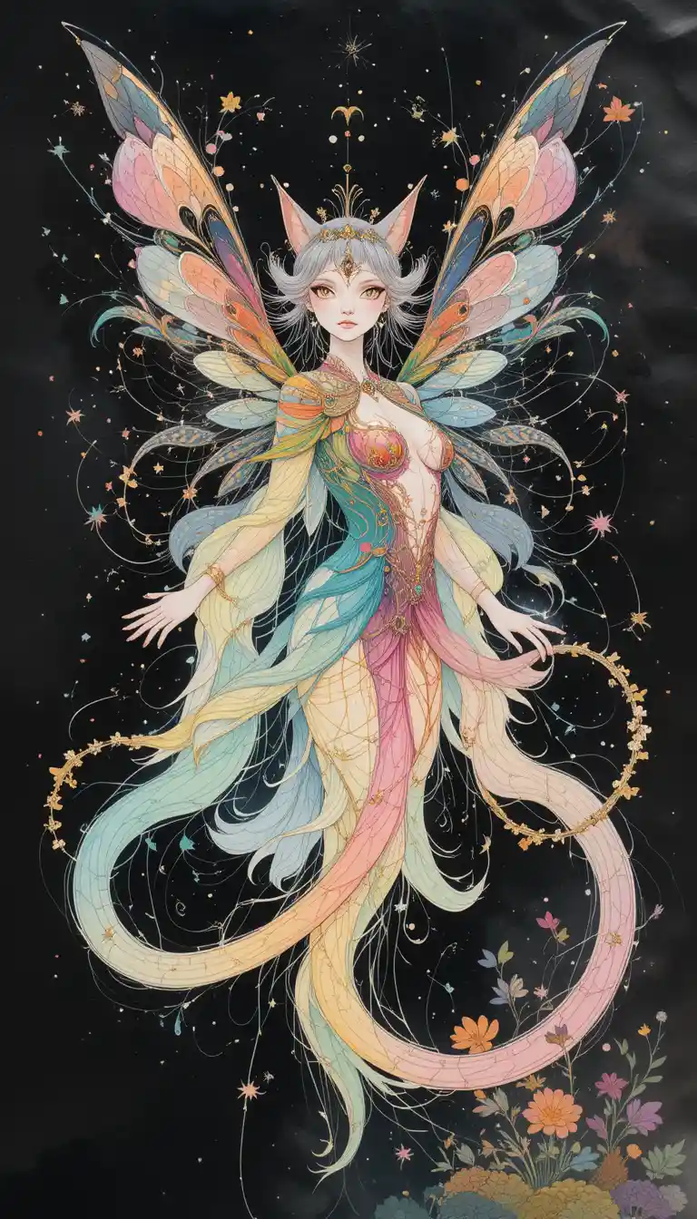 Majestic fantasy cat fairy in serene ink wash colors