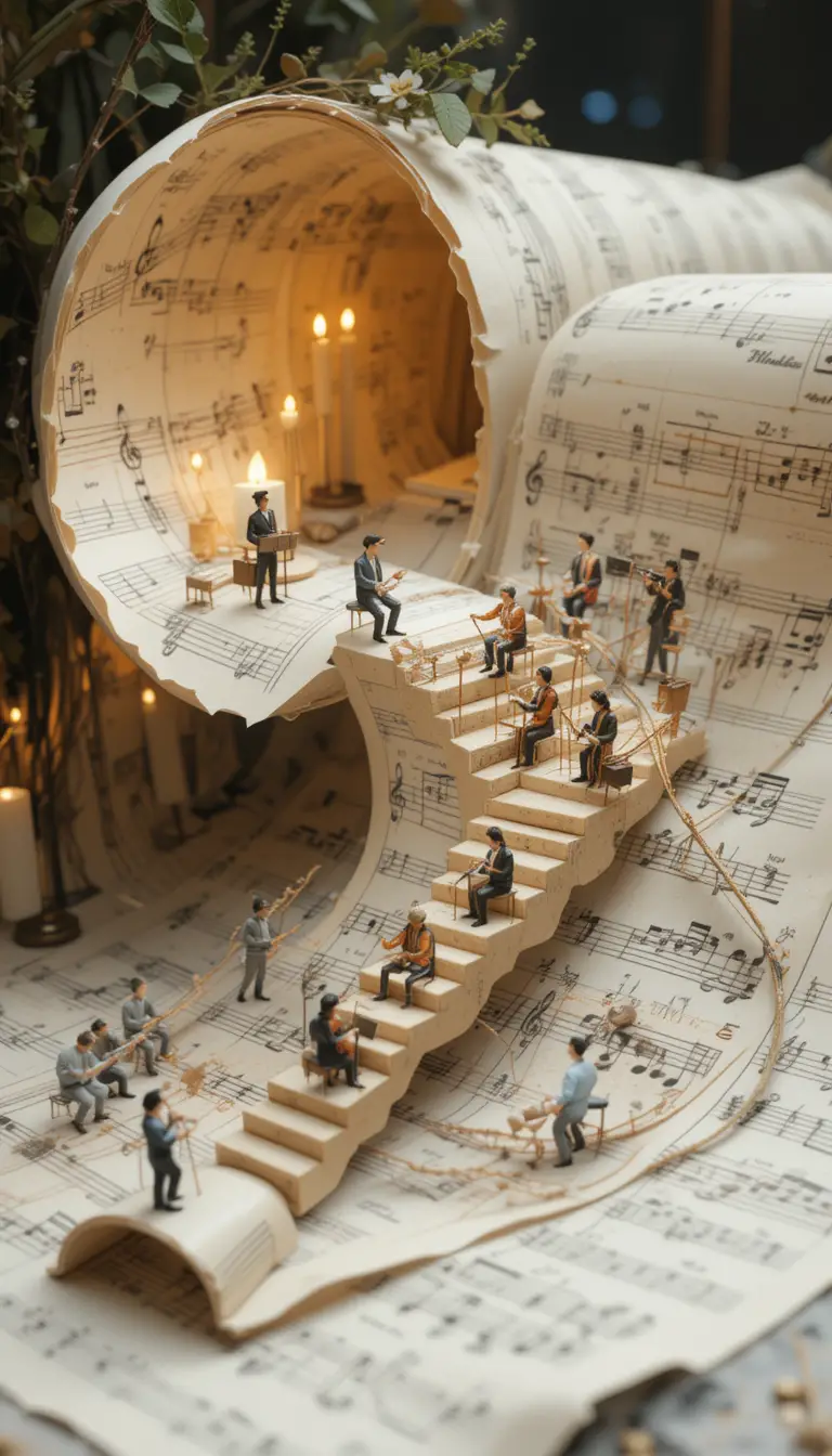 Miniature Orchestra Performing On Curling Musical Notation